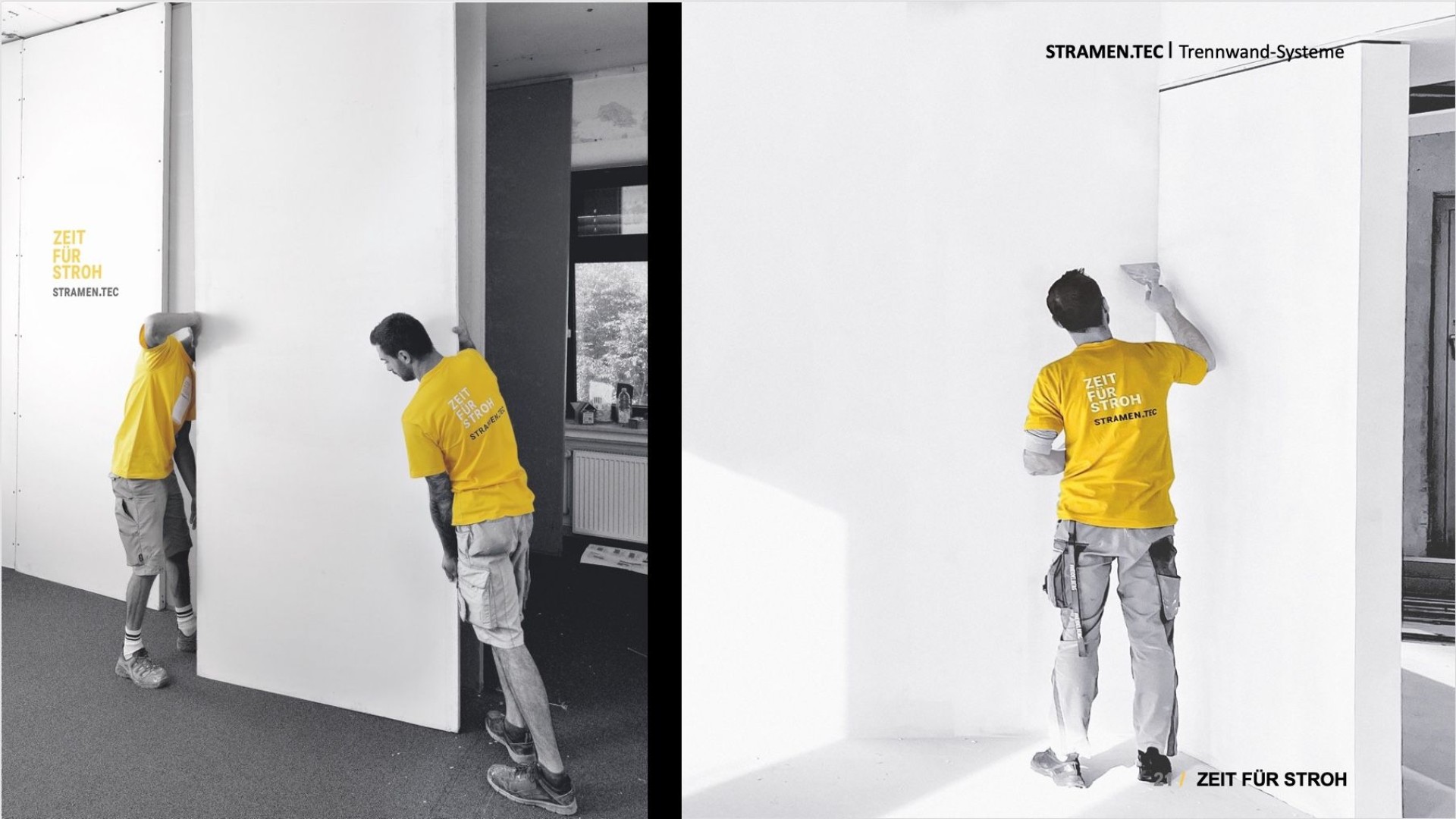 Personen montieren die Trennwand aus Stroh